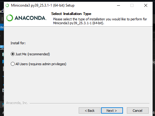 Install conda with just me/only me option