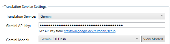 Gemini API settings interface in RSTGameTranslation